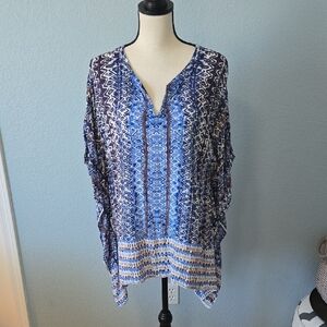 ZOZO Blue Aztec Geometric Print Tunic Poncho Sz LARGE V-Neck Butterfly Sleeves